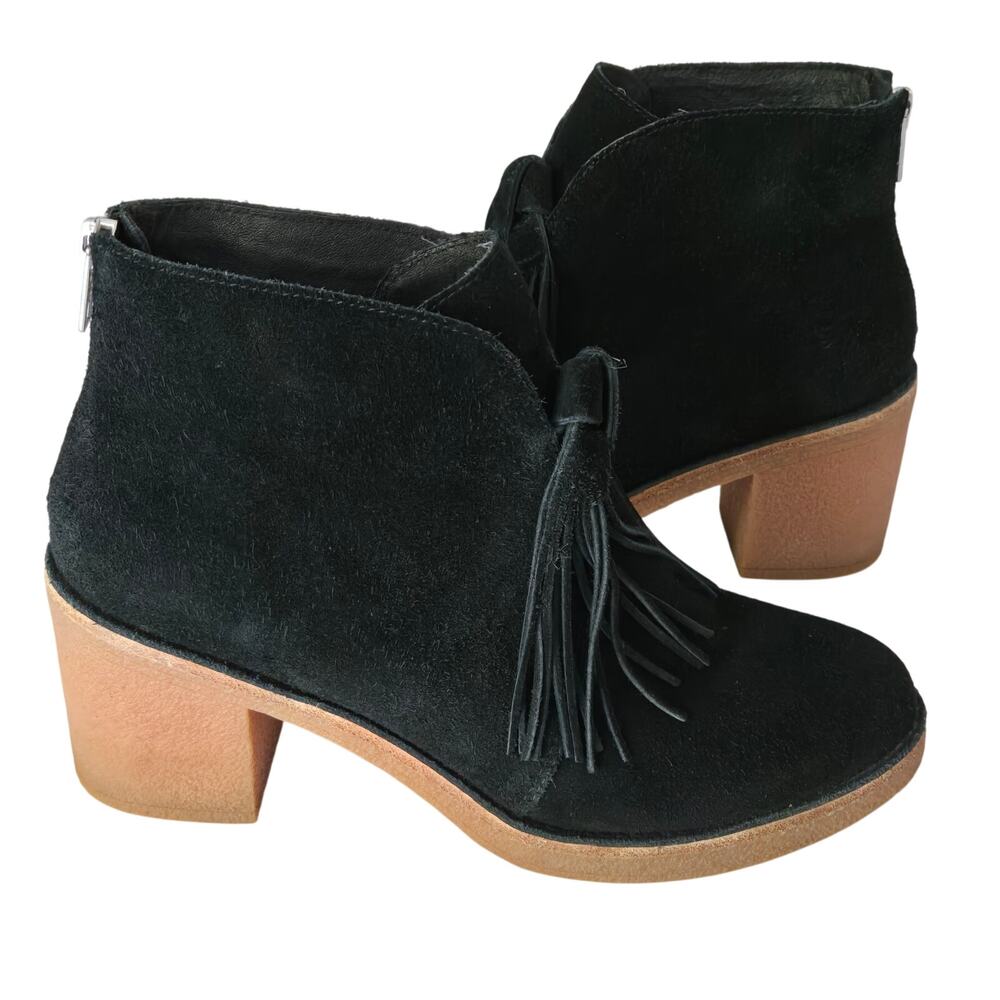 UGG Corin Black Suede Tassel and Bow Chunky Block Heel Ankle Booties, Size 8
